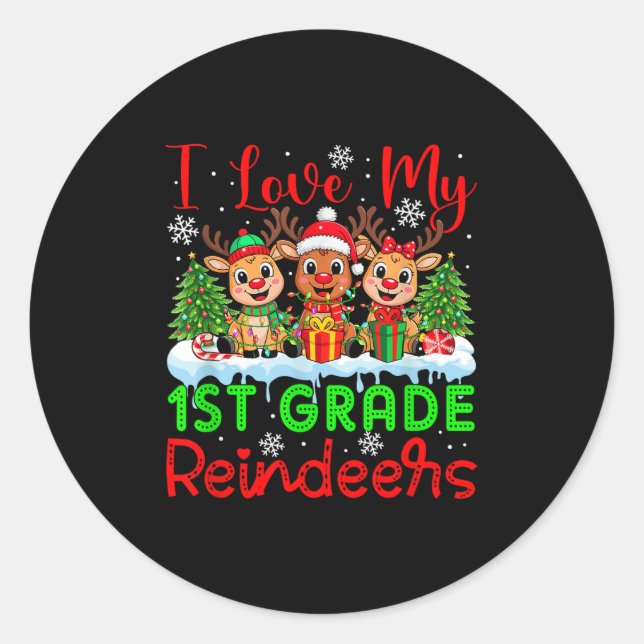 I Liebe meine 1. Klasse Rentiers Weihnachtslehrer  Runder Aufkleber (Vorderseite)