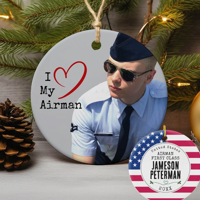 I. Liebe meines Airman I Soldaten Name I Militäris Keramik Ornament (I love my Airman, Soldier, Marine, Sailor, Guardian, Guardsman, USA Flag Military Christmas ornament)