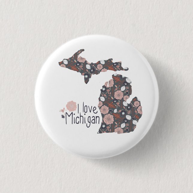 I Liebe Michigan Playful Floral Pink Brown Black Button (Vorderseite)