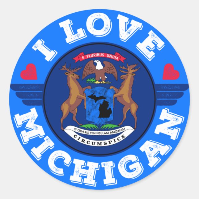 I Liebe Michigan Staat Karte und Flagge Runder Aufkleber (Vorderseite)