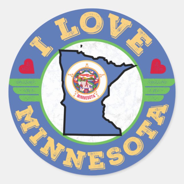 I Liebe Minnesota Staat Karte und Flagge Runder Aufkleber (Vorderseite)