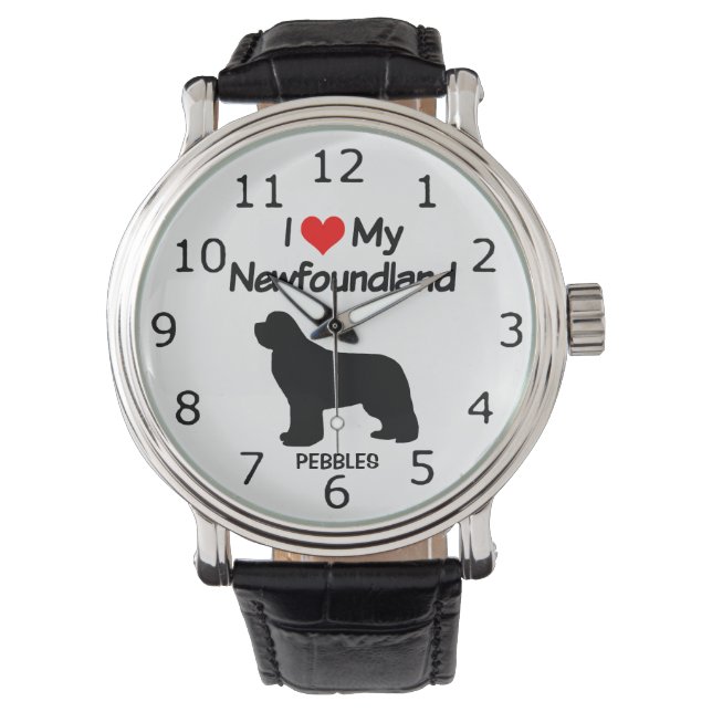 I Liebe My Newfundland Dog Silhouette Armbanduhr (Vorderseite)