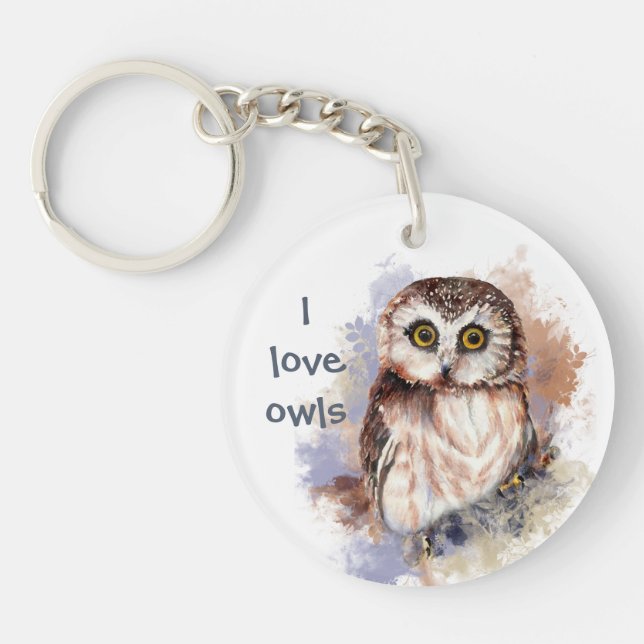 "I Liebe Owls" Niedliches Wasserfarben-Zitat Schlüsselanhänger (Vorderseite)