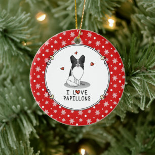 I Liebe Papillons (weiß & schwarz) Herzhunde Niedl Keramik Ornament