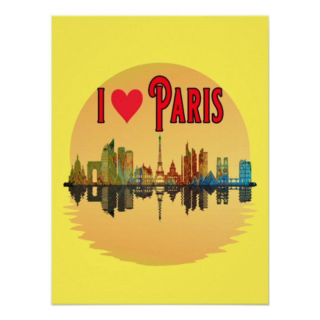 I Liebe Paris Skyline Sunset Wall Art Poster (Vorderseite)