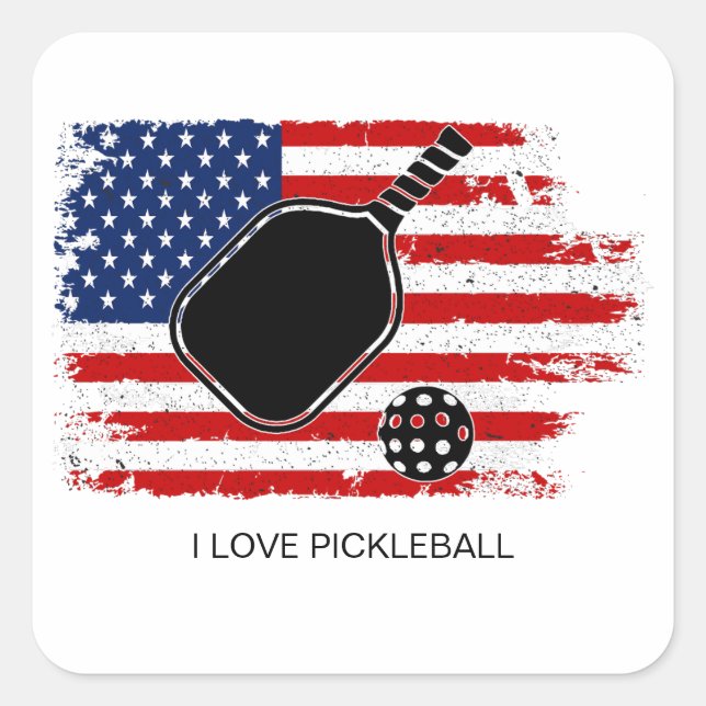I Liebe Pickleball Amerikanische Flagge Personalis Quadratischer Aufkleber (Vorderseite)