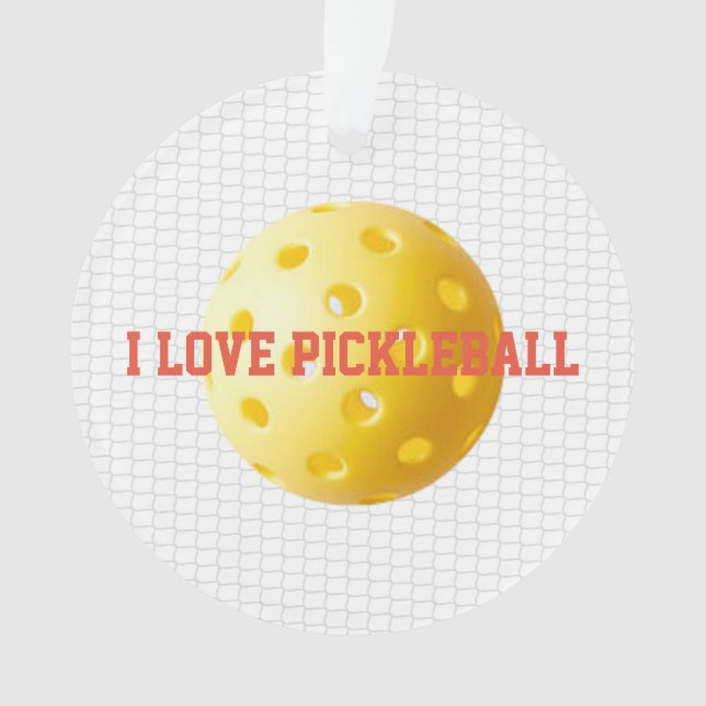 I LIEBE PICKLEBALL Sportspass Gelber Ball Netztext Ornament (Vorderseite)