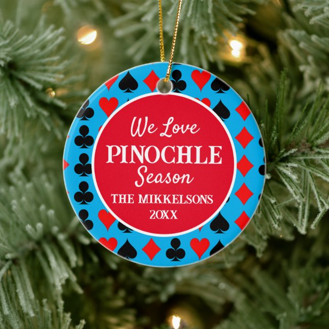 I Liebe Pinochle Season Blue Keramik Ornament (Baum)