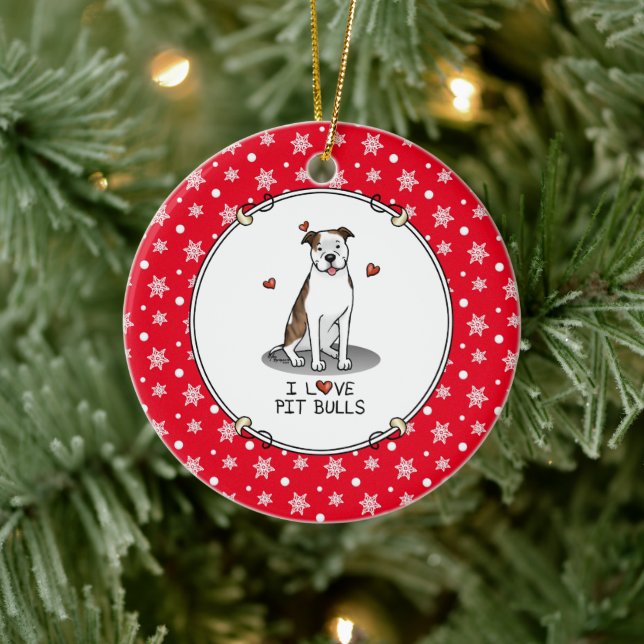 I Liebe Pit Bulls (lt brindle white 3) Herz Niedli Keramik Ornament (Baum)