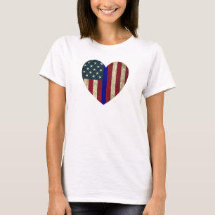I Liebe Police Thin Blue Line American Heart Flag  T-Shirt