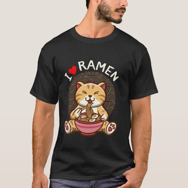 I Liebe Ramen Kawaii Cat Eating Noodle T-Shirt (Vorderseite)