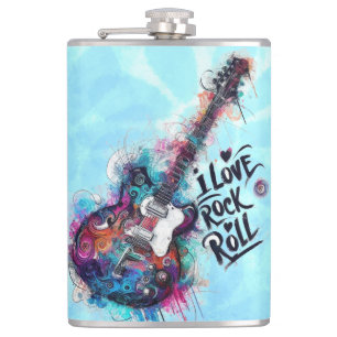 I Liebe Rock'n'Roll Electric Guitar Music Art Blue Flachmann