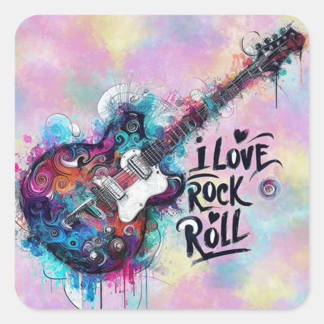 I Liebe Rock'n'Roll Electric Guitar Music Art Blue Quadratischer Aufkleber (Vorderseite)
