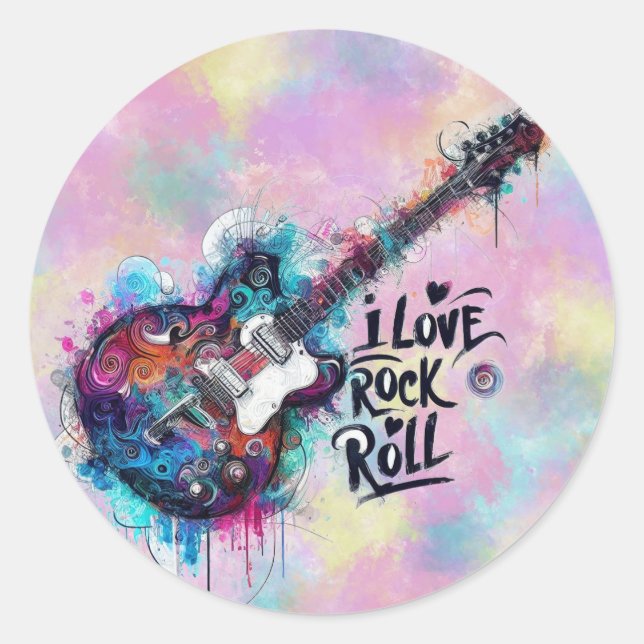 I Liebe Rock'n'Roll Electric Guitar Music Art Blue Runder Aufkleber (Vorderseite)