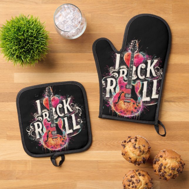 I Liebe Rock'n'Roll Electric Guitar Painting Ofenhandschuh & Topflappen-Set (Oben Unten)