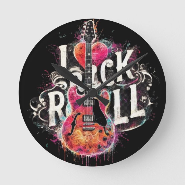 I Liebe Rock'n'Roll Electric Guitar Painting Runde Wanduhr (Vorderseite)