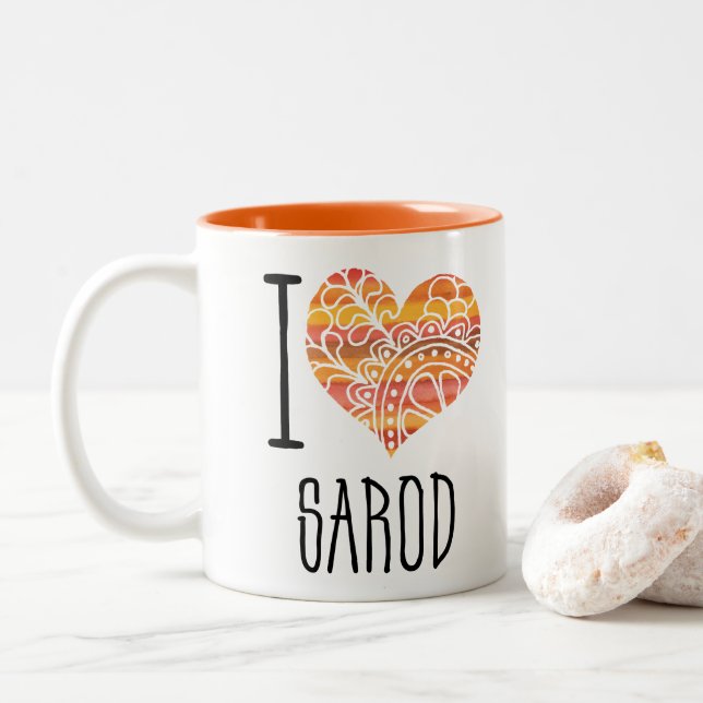 I Liebe Sarod Orange Mandala Heart Zweifarbige Tasse (Mit Donut)