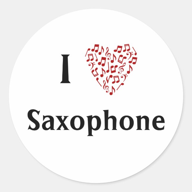 I Liebe Saxophone Rotes Herz Musiknoten Runder Aufkleber (Vorderseite)