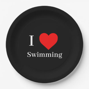 I Liebe Schwimmen Typografie & Rotes Herz Schwarz Pappteller