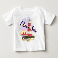 I Liebe Sea mit einem Leuchtturm und einer Muschel