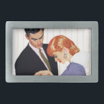 I Liebe Sie, Mutter Girl Rechteckige Gürtelschnalle<br><div class="desc">Künstler: Mann Joes DeMers |,  der die Hand einer Frau in einem lila Anzug mit dem roten Haar hält</div>
