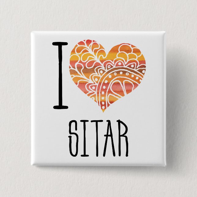 I Liebe Sitar Orange Mandala Herz Button (Vorderseite)