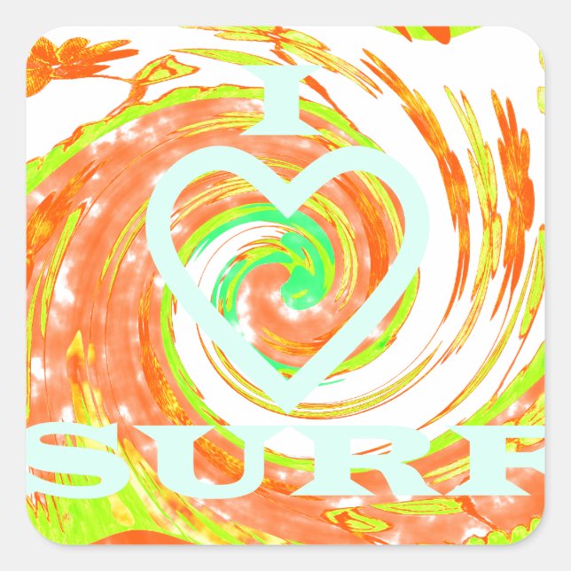 I Liebe Surf: Schönes Blumengestein mit Cooler Tex Quadratischer Aufkleber (Vorderseite)