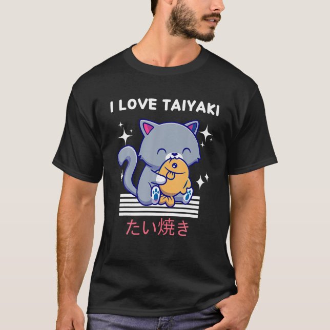 I Liebe Taiyaki Niedlich Kawaii Katze Eats Taiyaki T-Shirt (Vorderseite)