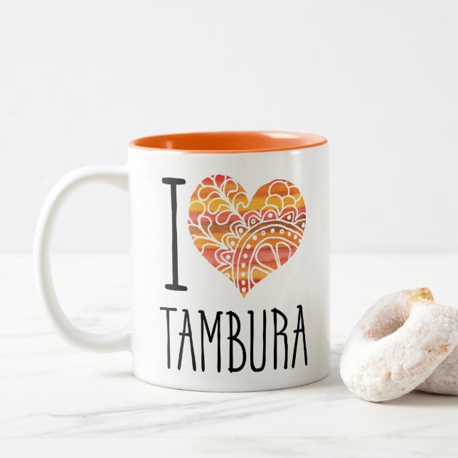 I Liebe Tambura Orange Mandala Herz Zweifarbige Tasse (Mit Donut)