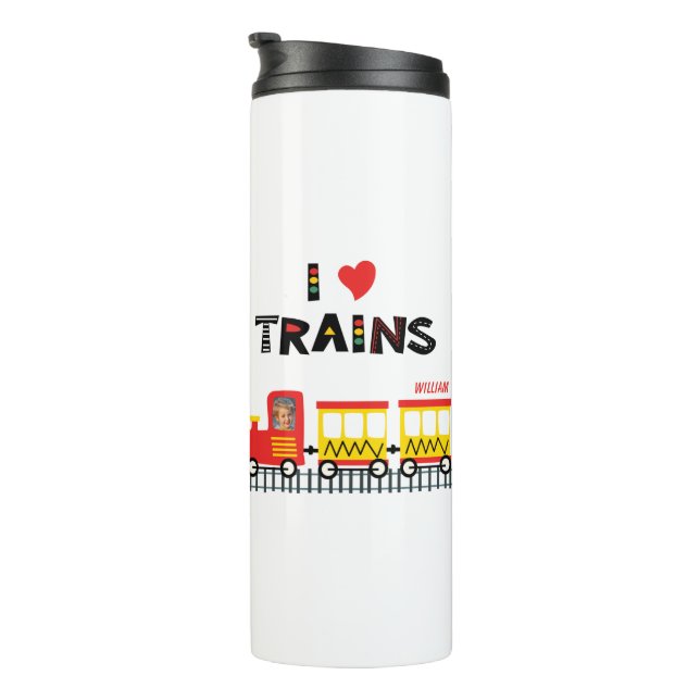 I Liebe Train Colorful Kids Foto und Name Thermosbecher (Nach rechts gedreht)