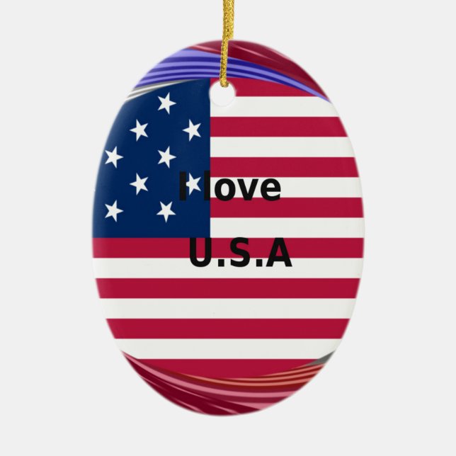 I Liebe U.S.A. Swirl: Patriotische Herzkunst Print Keramik Ornament (Vorne)