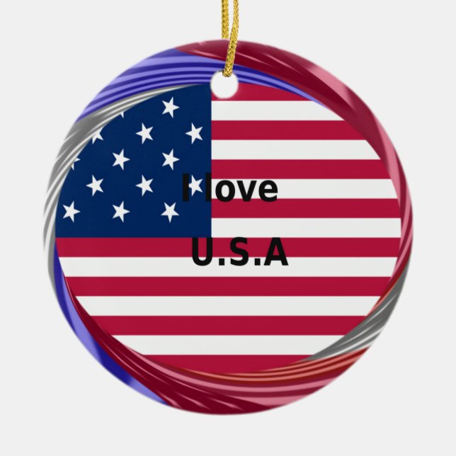 I Liebe U.S.A. Swirl: Patriotische Herzkunst Print Keramikornament (Vorne)