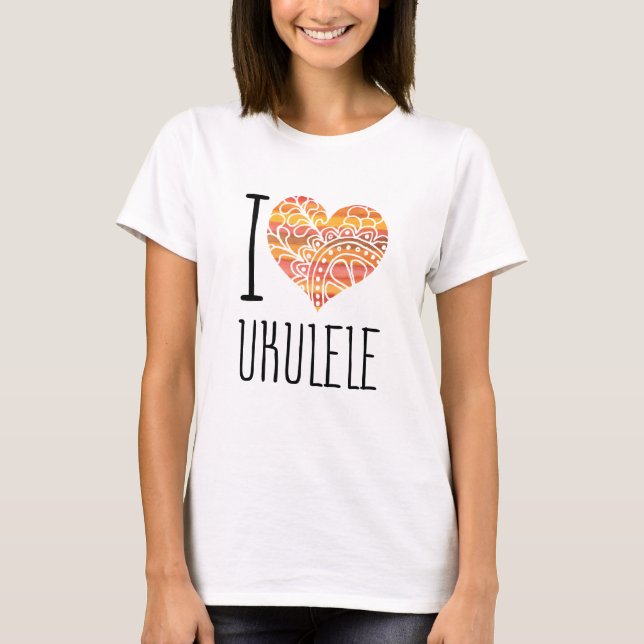 I Liebe Ukulele Orange Mandala Herz T-Shirt (Vorderseite)