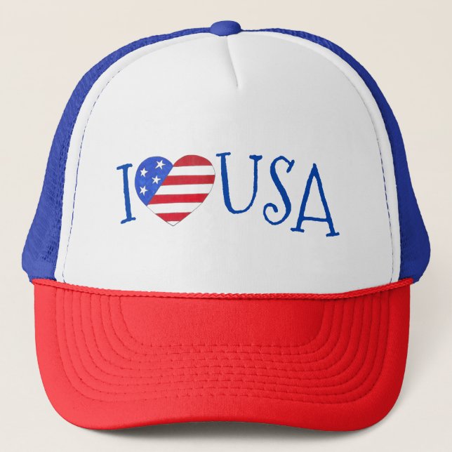 I Liebe USA Patriotic 4. Juli American Flag Heart Truckerkappe (Vorderseite)
