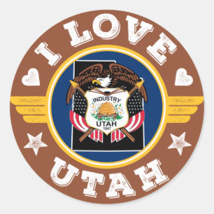 I Liebe Utah Staatsflagge und Karte Runder Aufkleber