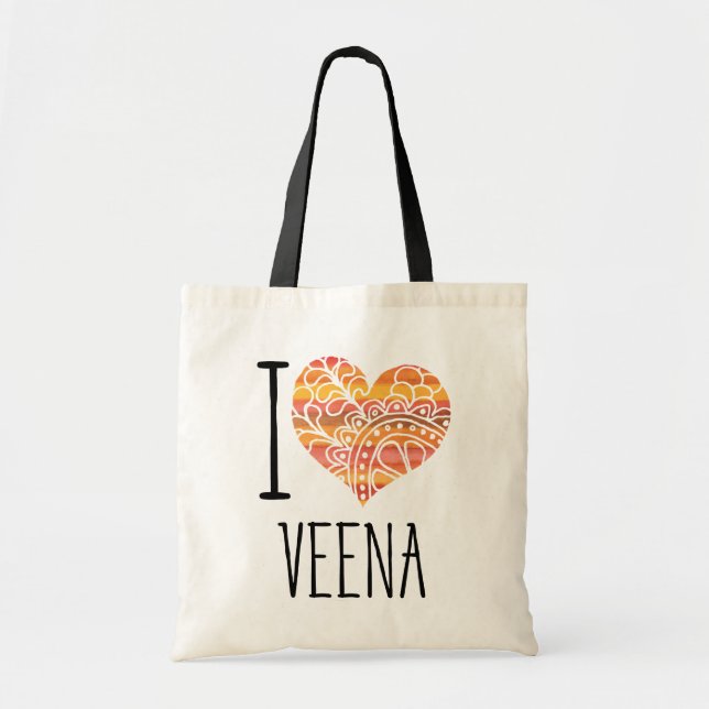 I Liebe Veena Orange Mandala Herz Tragetasche (Vorne)