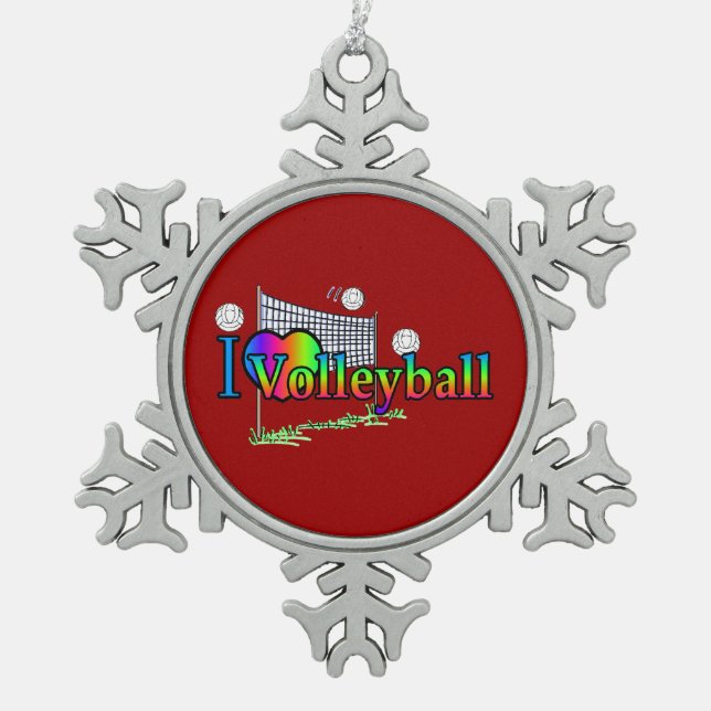 I Liebe Volleyball Schneeflocken Zinn-Ornament (Vorderseite)