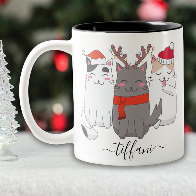 I Liebe Weihnachtskatzen Personalisieren mit Namen Zweifarbige Tasse (Von Creator hochgeladen)