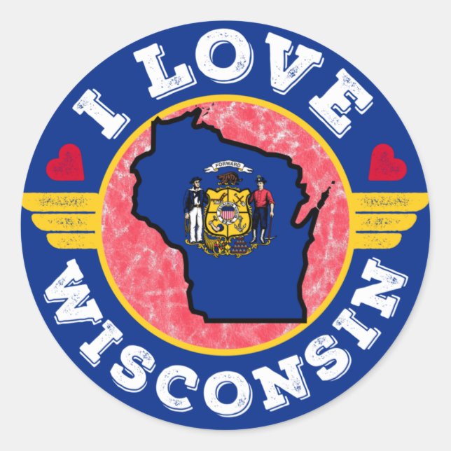 I Liebe Wisconsin Staat Karte und Flagge Runder Aufkleber (Vorderseite)