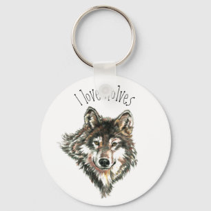 I Liebe Wolves Watercolor Grau Wolf Tierart Art Schlüsselanhänger
