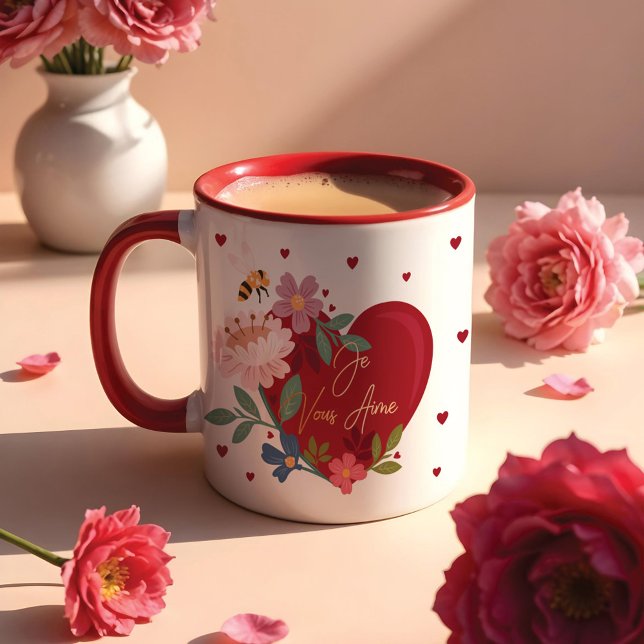 I Liebe You Floral Valentines Red Heart Monogram Tasse (I Love You Floral Valentines Red Heart Monogram Mug)