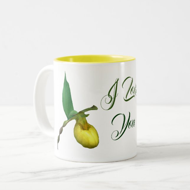 I Liebe You Lady Slipper Blume Zweifarbige Tasse (Vorderseite Links)
