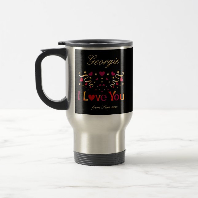 I LIEBE YOU Red Heart Gold Ribbon Black Valentine Reisebecher (Links)