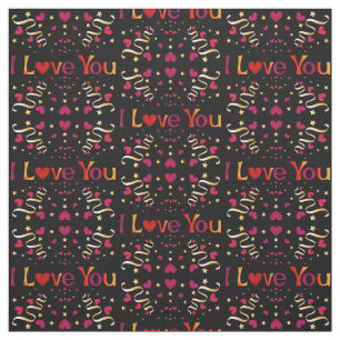I LIEBE YOU Red Heart Gold Ribbon Black Valentine Stoff