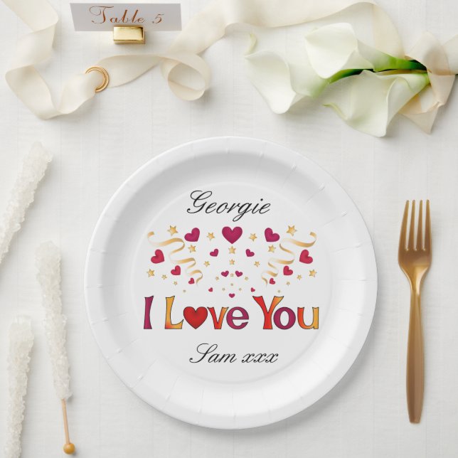 I LIEBE YOU Red Heart Gold Ribbon Valentine Weddin Pappteller (Hochzeit)