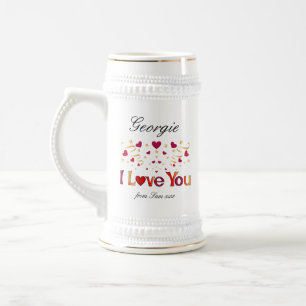 I LIEBE YOU Red Heart Gold Ribbon Vintag Valentine Bierglas