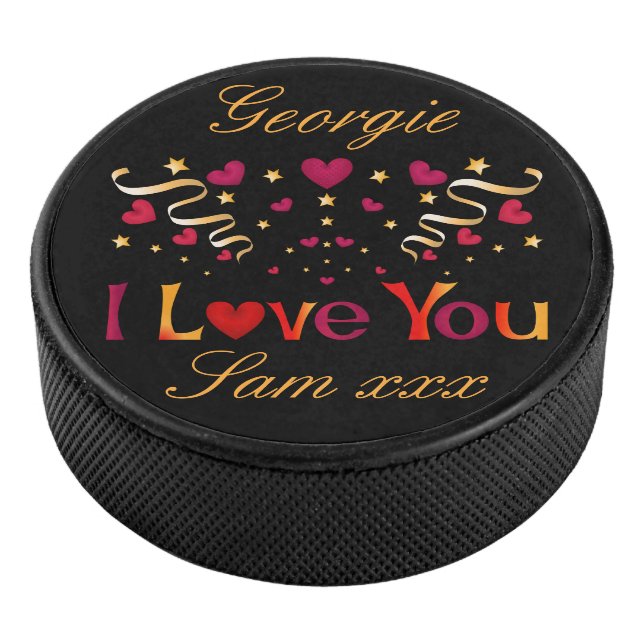 I LIEBE YOU Red Heart Gold Vintag Valentine Black Eishockey Puck (3/4)