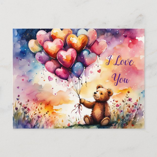 I Liebe You Teddy Bären mit herzenförmigen Ballons Postkarte (Vorderseite)