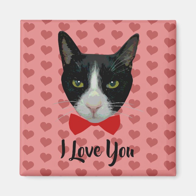 I Liebe You - Tuxedo Katze mit Bow-Krawatte Magnet (Vorne)