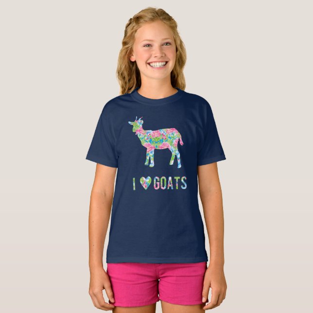 I Liebe-Ziegen-buntes Blumenmuster T-Shirt (Vorne ganz)